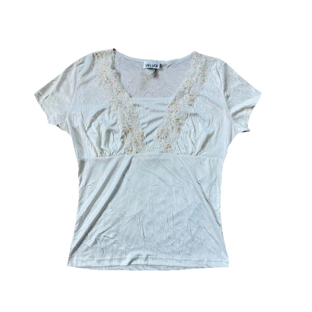 Boho Cottagecore Fairy Top Lace Sequin Butterfly Cream Blouse Women L Coquette